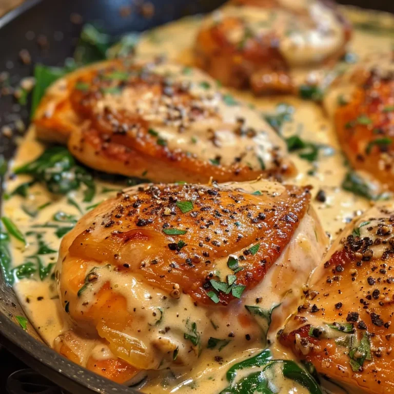 Juicy creamy garlic chicken with spinach, served in a white bowl.