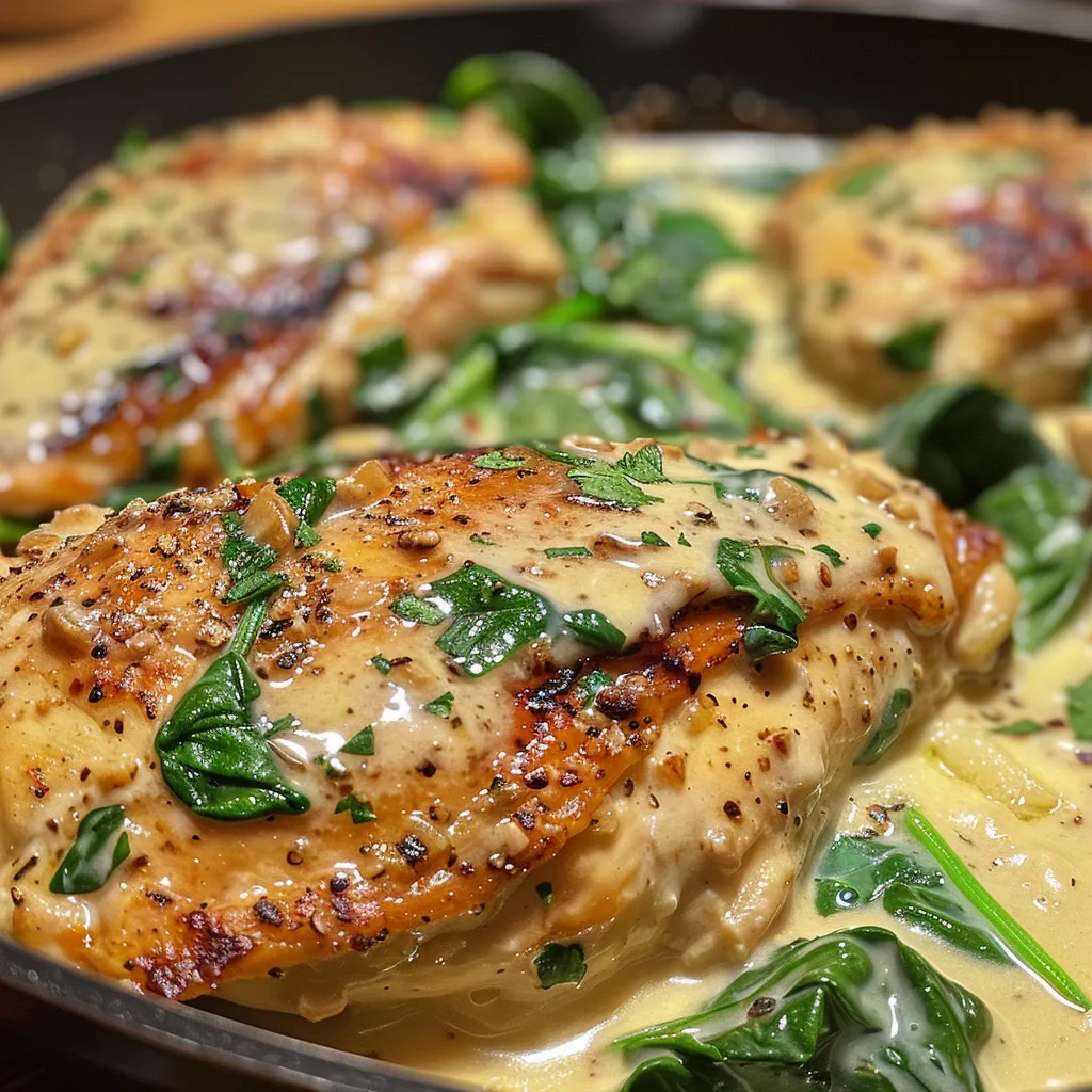 Close-up of creamy garlic chicken garnished with fresh spinach, highlighting its texture.