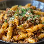 Close-up view of creamy beef pasta garnished with parsley.