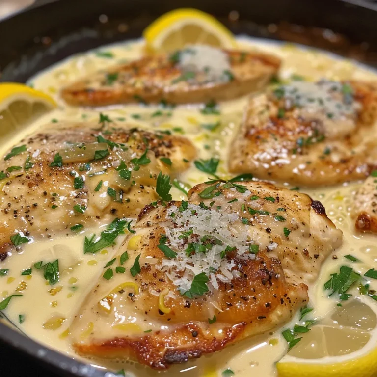 Close-up view of creamy lemon parmesan chicken in a skillet, garnished with parsley.