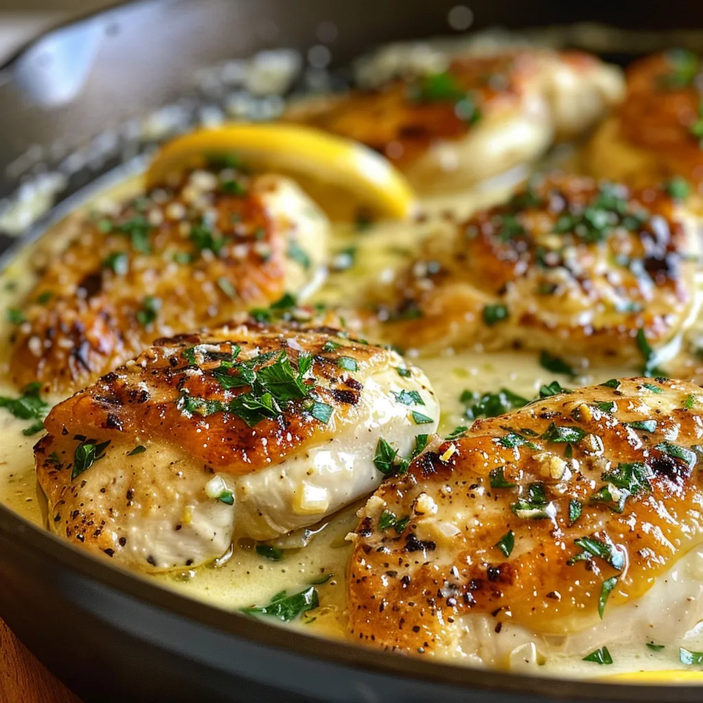 Juicy chicken breasts cooked in a rich, creamy lemon sauce, displayed from the side.