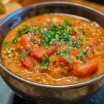 A close-up side view of a bowl of creamy tomato lentil soup garnished with herbs.