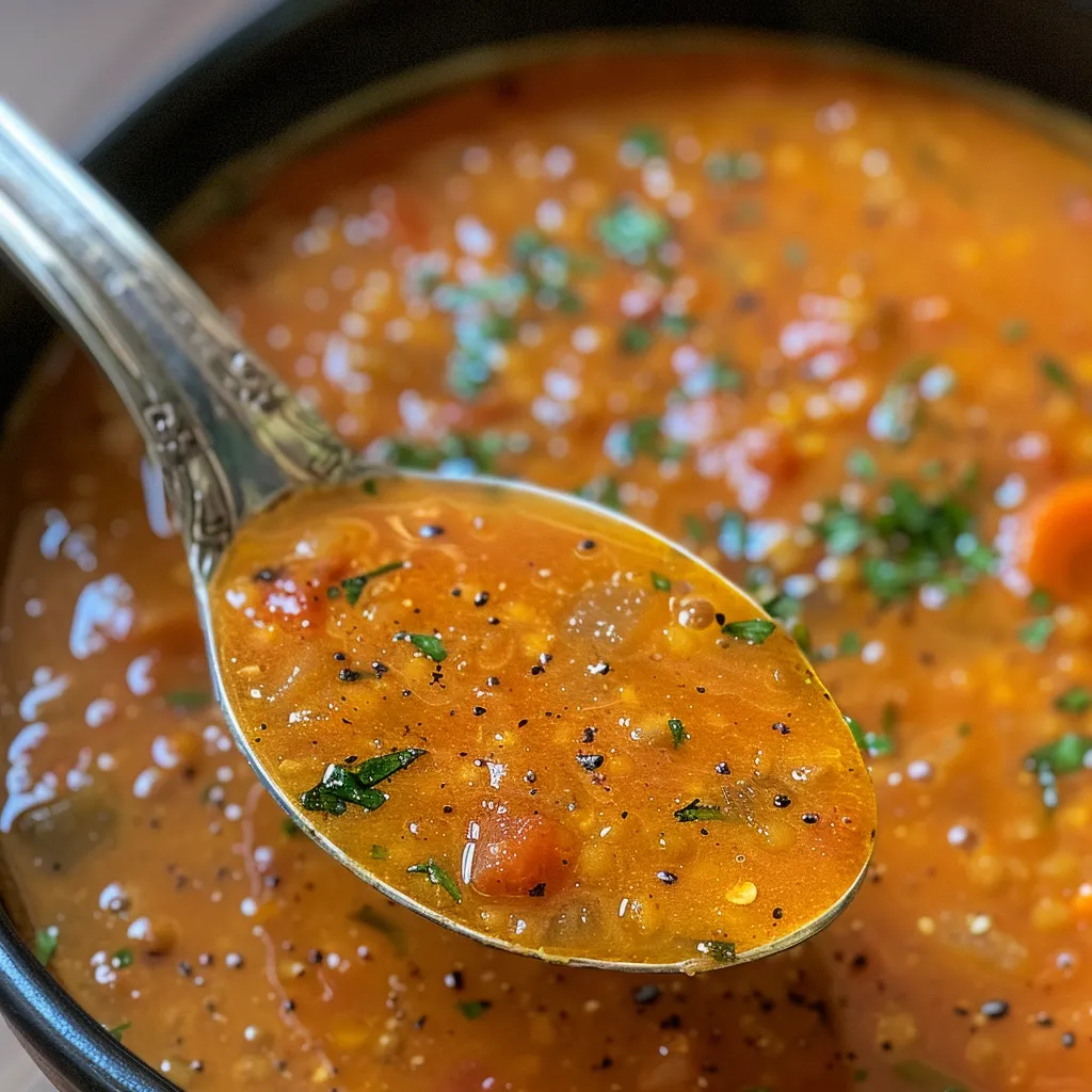 A vibrant bowl of lentil soup with tomatoes and carrots, showcasing its creamy texture.