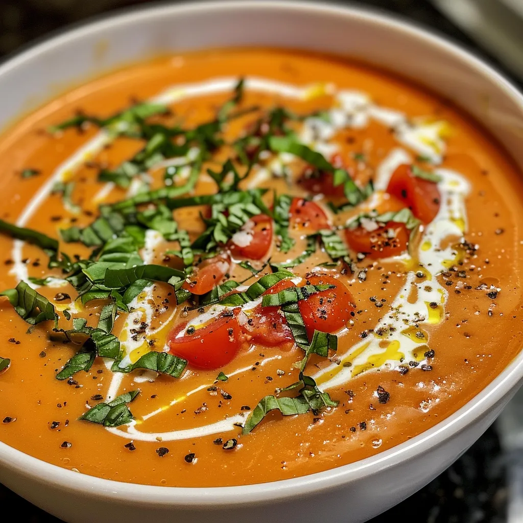 Side view of a steaming bowl of rich tomato soup, showcasing its creamy texture.