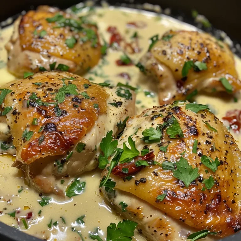 Close-up shot of creamy Tuscan chicken with vibrant spinach and sun-dried tomatoes.