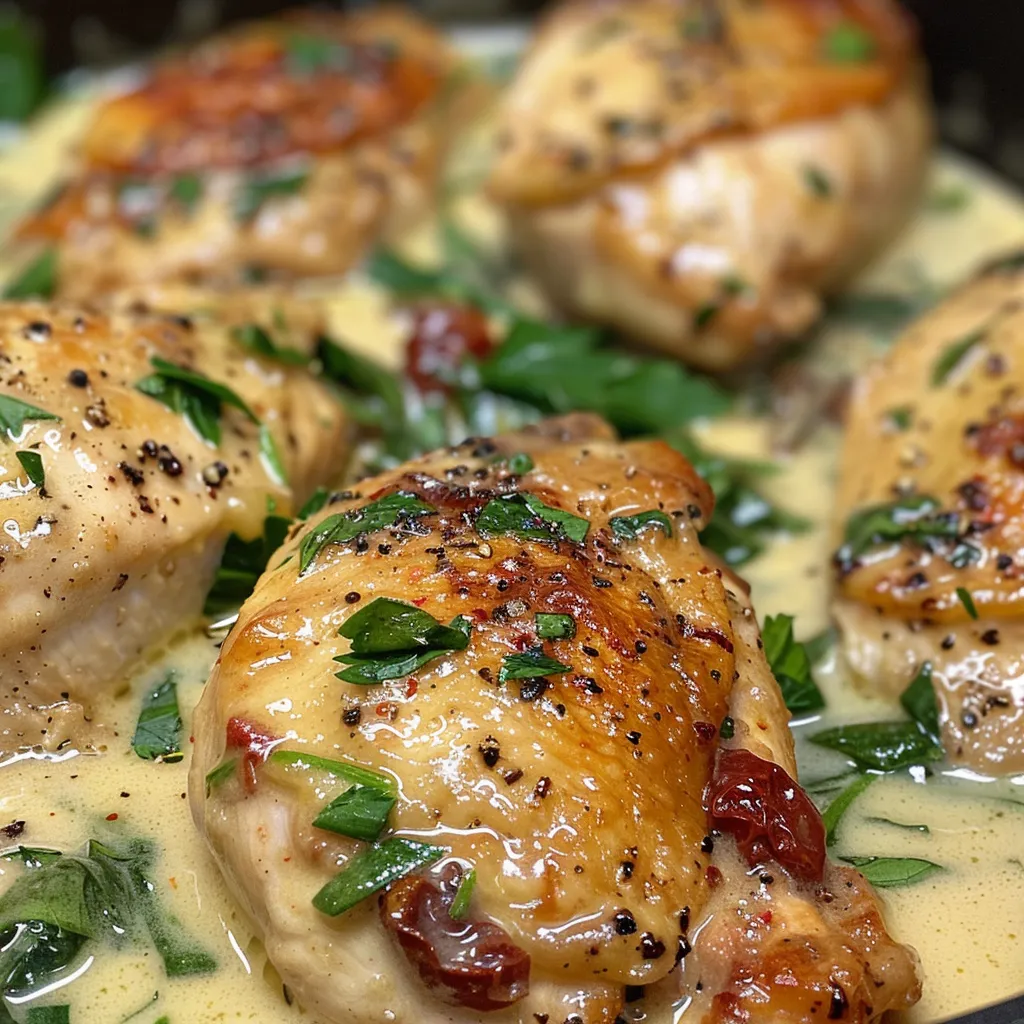 Side view of juicy Tuscan chicken featuring a creamy sauce with herbs and spices.