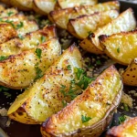 Crispy Garlic Parmesan Baked Potato Wedges on a plate, showing golden-brown edges.