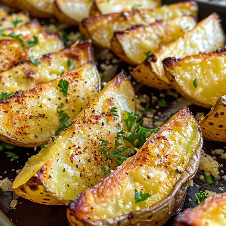 Crispy Garlic Parmesan Baked Potato Wedges on a plate, showing golden-brown edges.