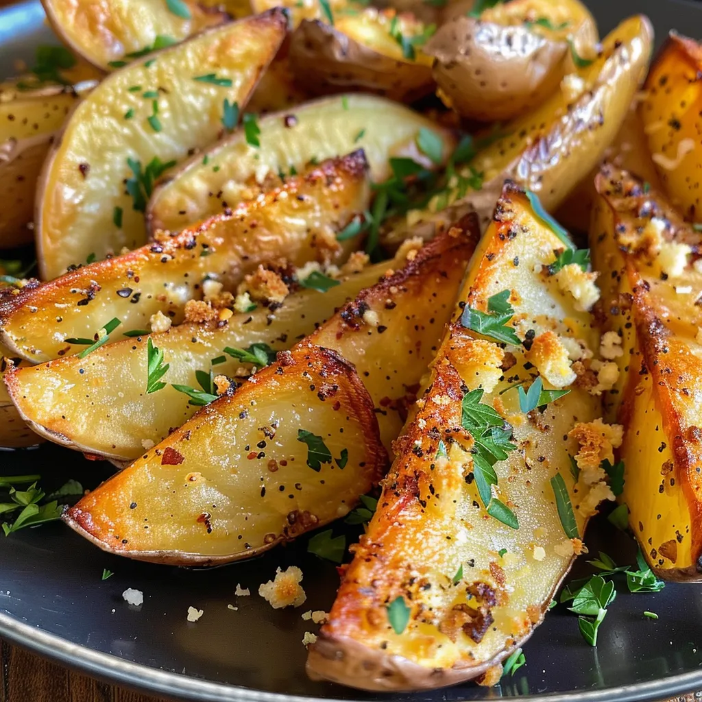 Close-up of baked potato wedges sprinkled with parsley and Parmesan cheese.