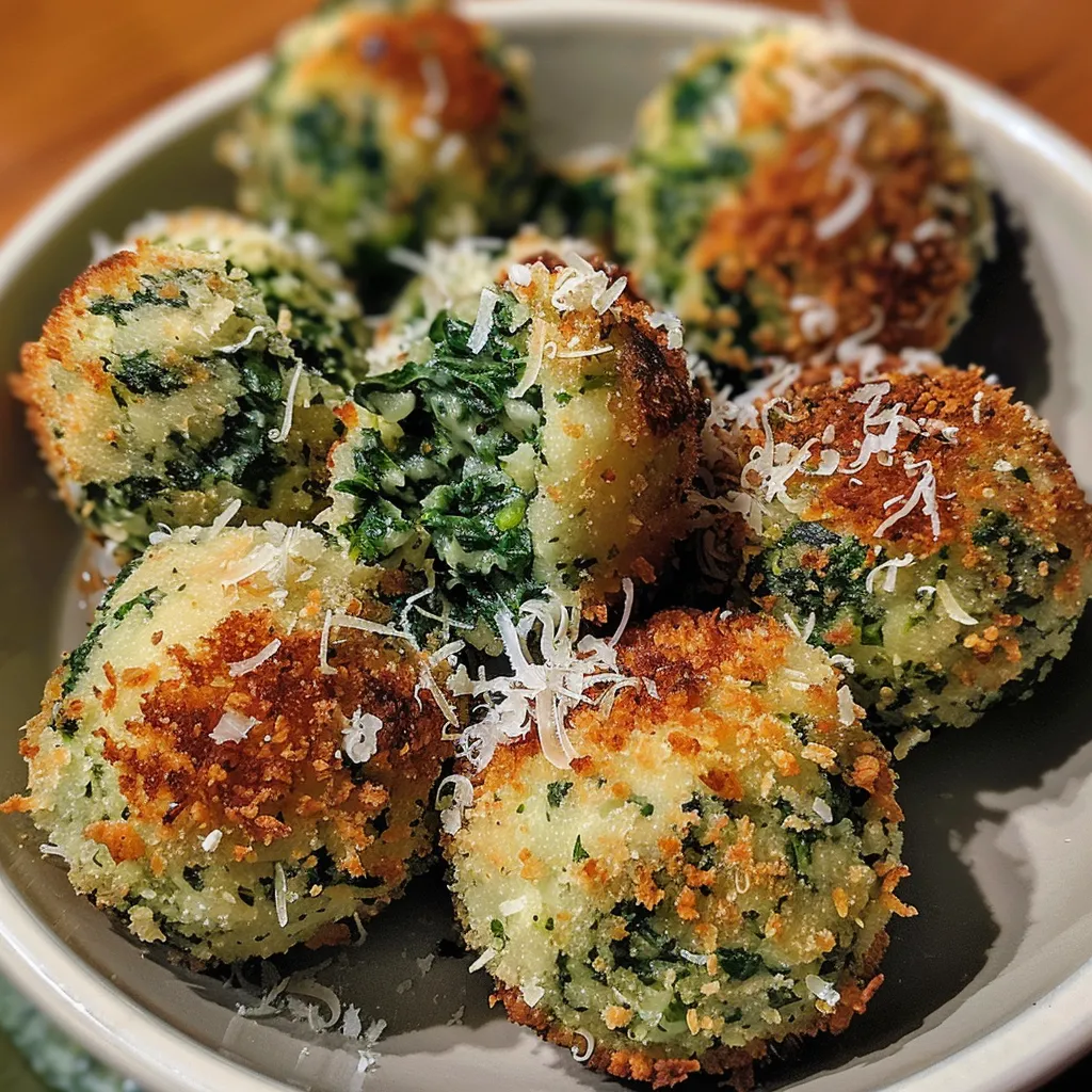 Side view of freshly cooked spinach balls with a crispy texture.