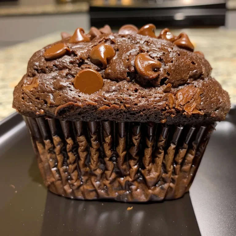 Close-up of a moist double chocolate banana muffin with chocolate chips.