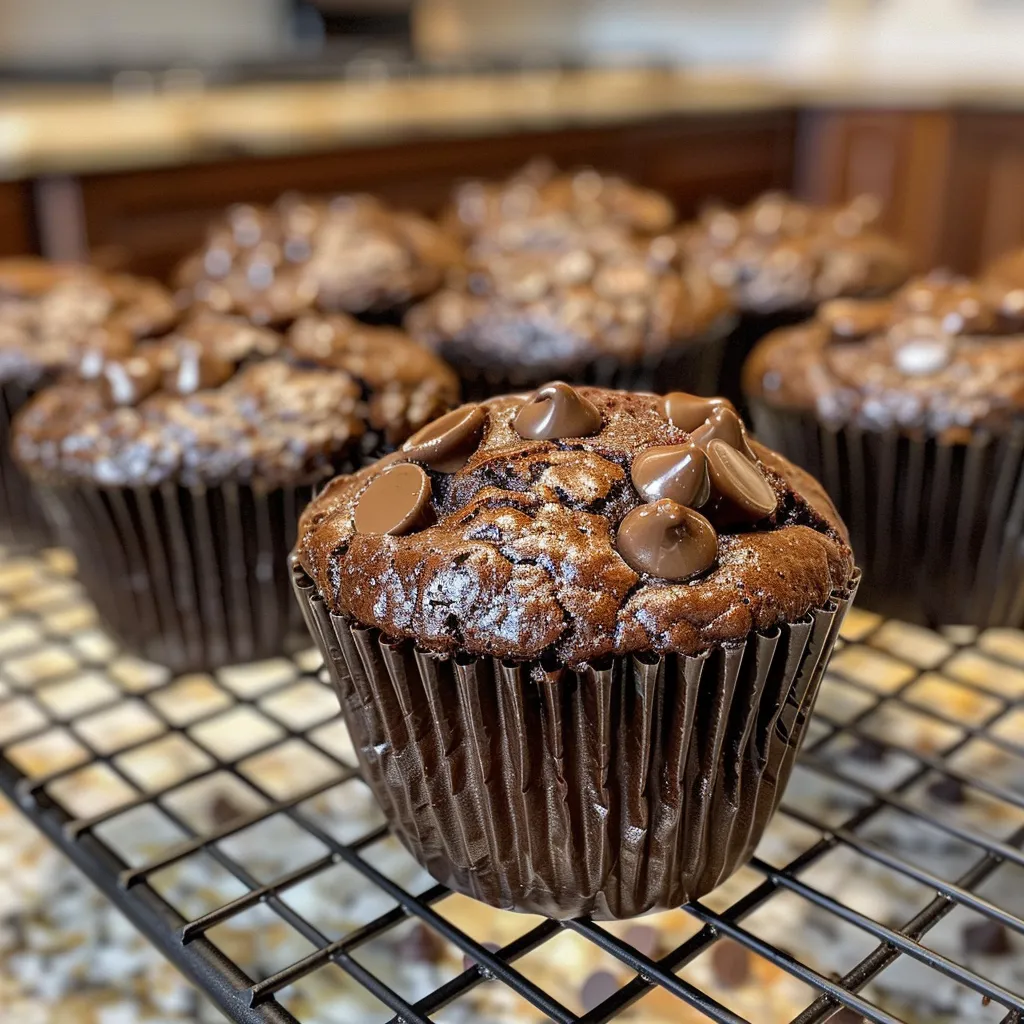 Side view of double chocolate banana muffins with a shiny chocolate glaze.