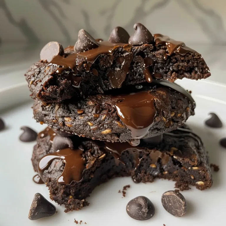 Indulgent Yet Nourishing Double Chocolate Protein Cookies to Savor Close-up of a double chocolate protein cookie, showcasing its rich, gooey texture and dark chocolate chips.