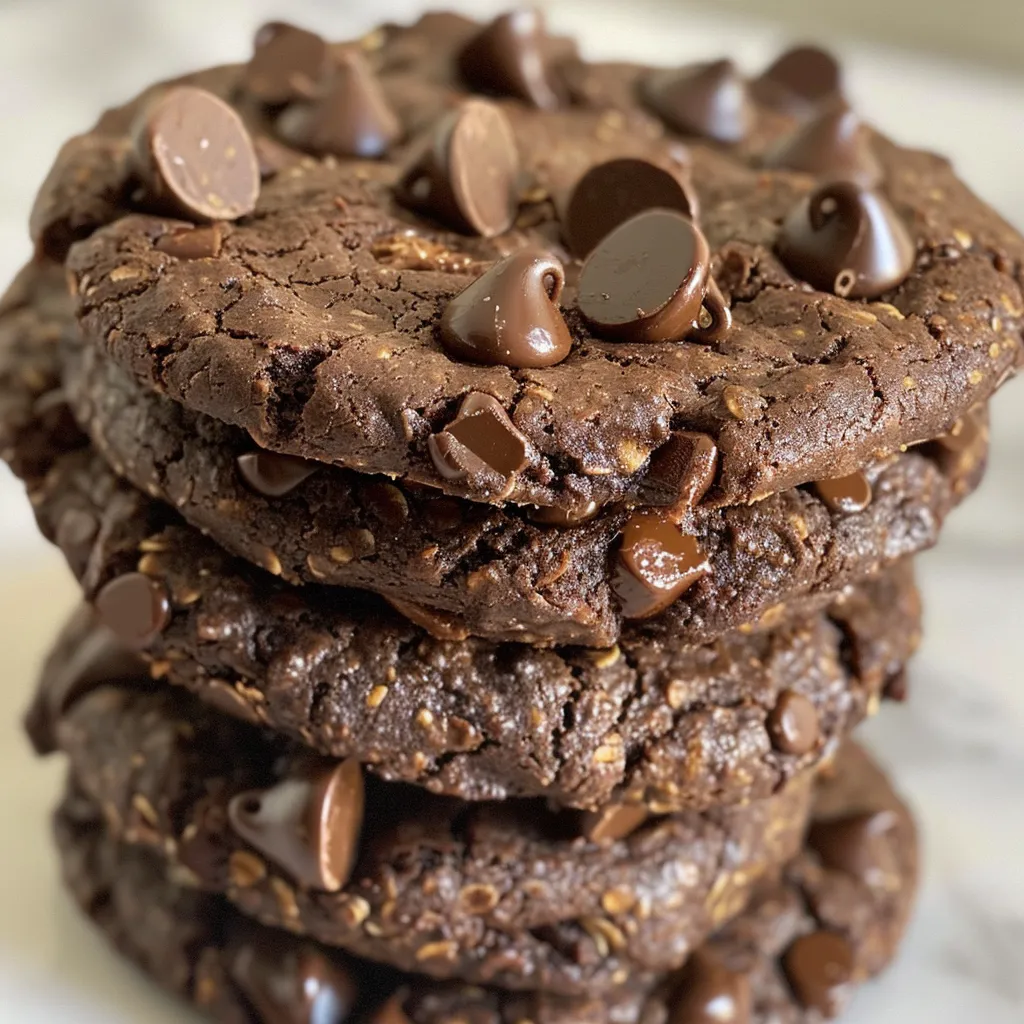 Side view of soft, gooey Double Chocolate Protein Cookies with melted chocolate pieces.