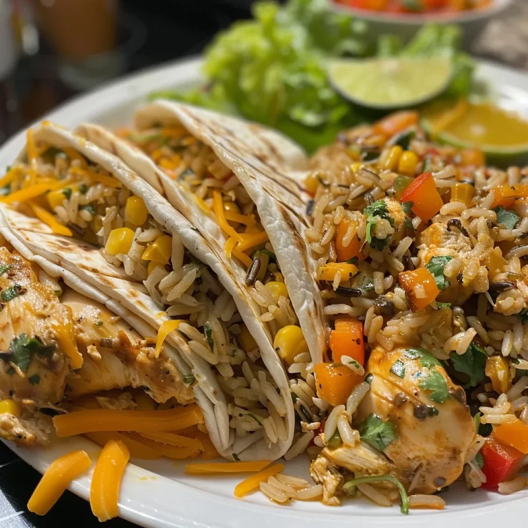 Close-up of juicy chicken and rice wraps with melted cheese and fresh cilantro.