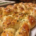 Close-up of freshly baked garlic knots, golden-brown and glistening with butter.