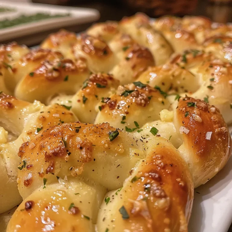 Close-up of freshly baked garlic knots, golden-brown and glistening with butter.