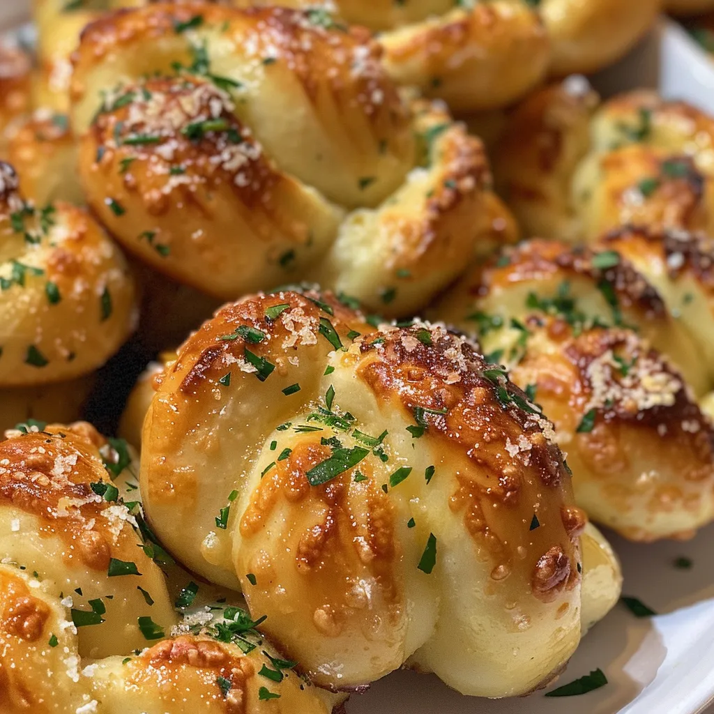 Juicy garlic knots arranged on a plate, showcasing a side view with a sprinkle of parsley.