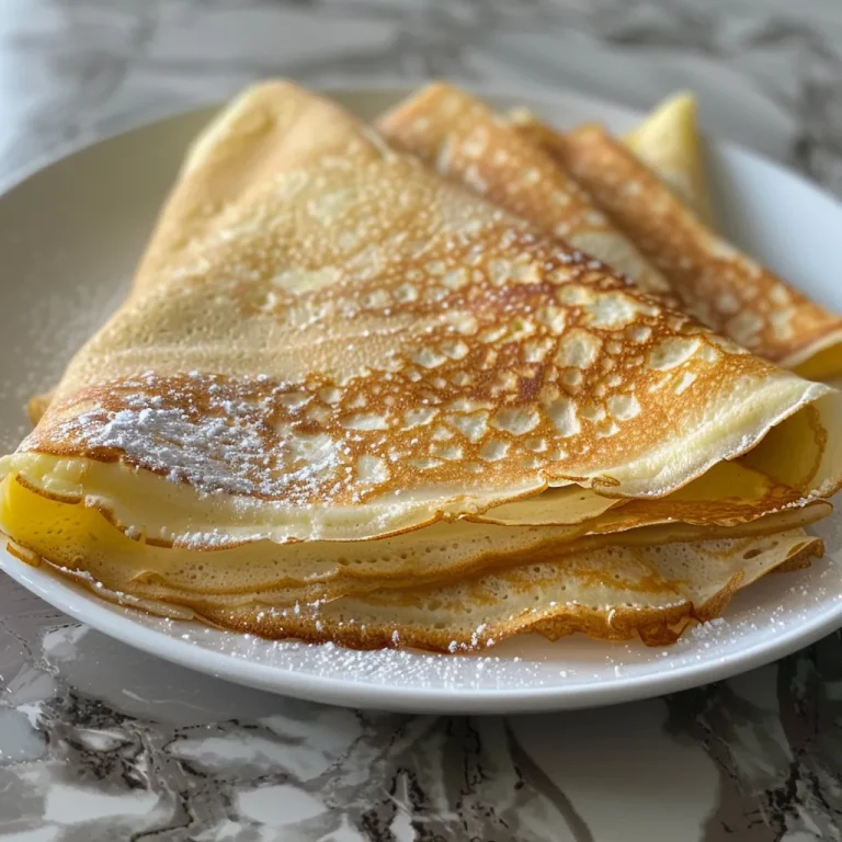 Close-up view of gluten-free crepes stacked on a plate, showing their golden edges.