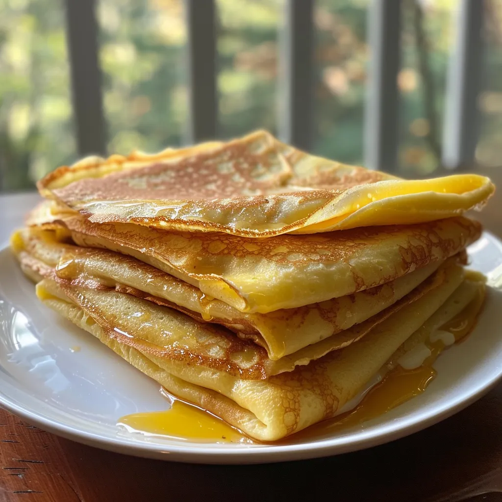 Side view of a plate of easy gluten-free crepes with a buttery sheen.