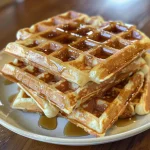 Close-up view of fluffy gluten-free waffles topped with syrup and berries.