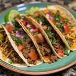Close-up view of juicy ground beef tacos topped with cheese, tomatoes, and cilantro.