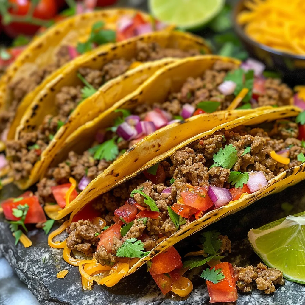 Side shot of delicious easy ground beef tacos served on flour tortillas, garnished with sour cream.