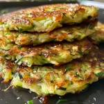 Close-up of crispy zucchini fritters garnished with green onions.
