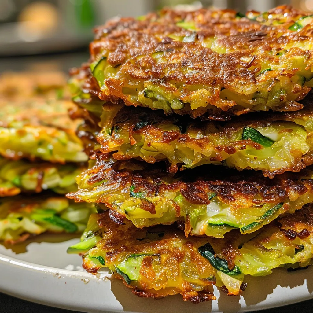 Juicy zucchini fritters with a golden brown crust on a plate.