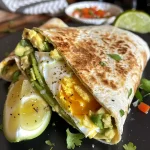 Close-up side view of a delicious egg and avocado wrap with visible ingredients.