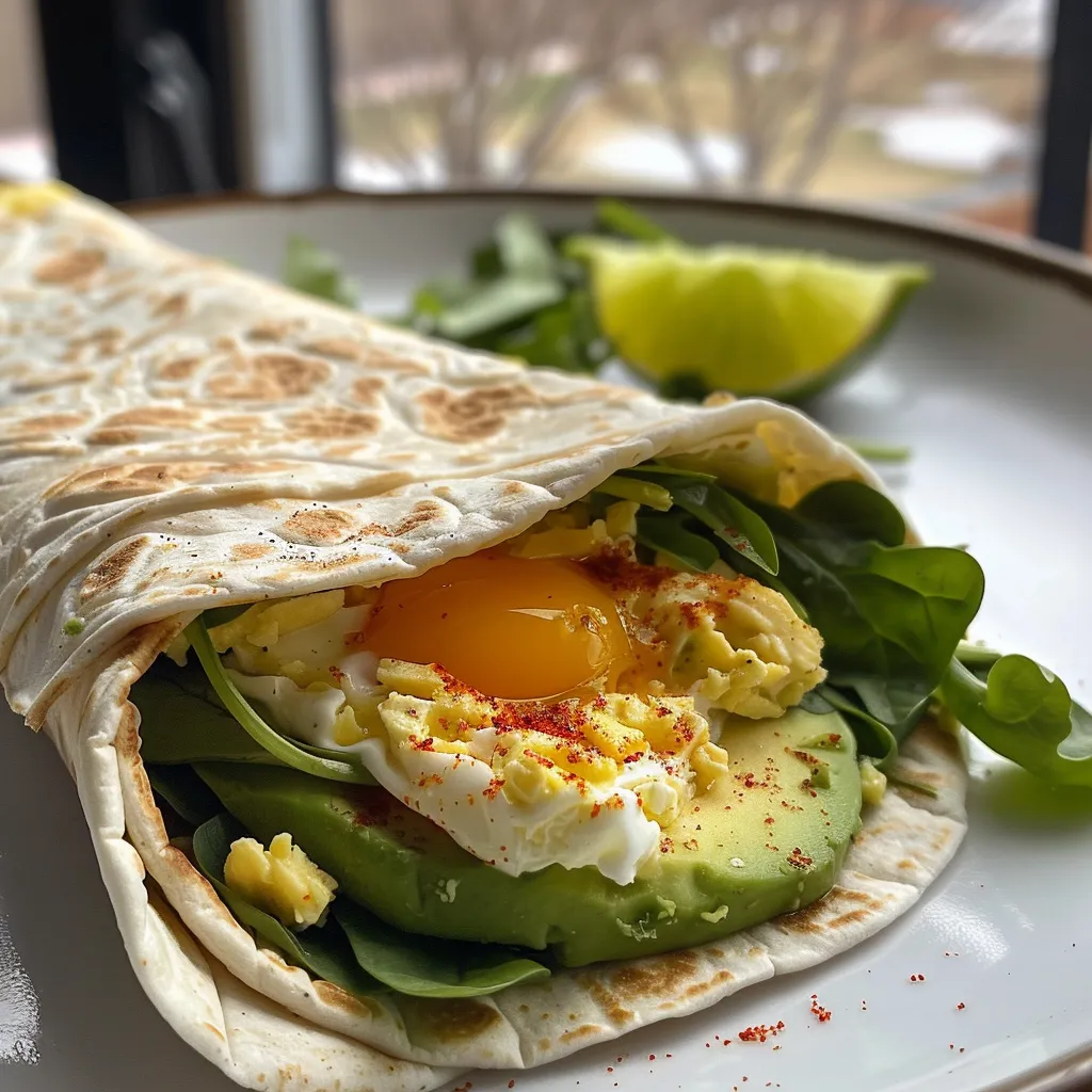 Juicy egg and avocado wrap on a plate, showcasing a colorful filling.
