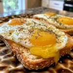 Close-up view of crispy egg and cheese toasts topped with fresh herbs.