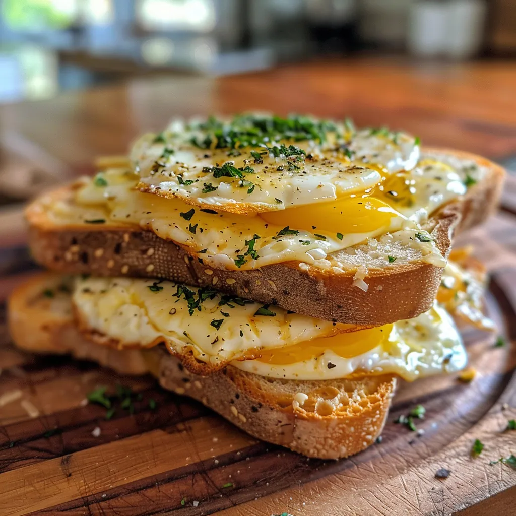 Side angle of a grilled sandwich with melted cheese and a sunny-side-up egg.