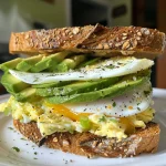 Close-up view of an egg white and avocado breakfast sandwich on whole grain bread.