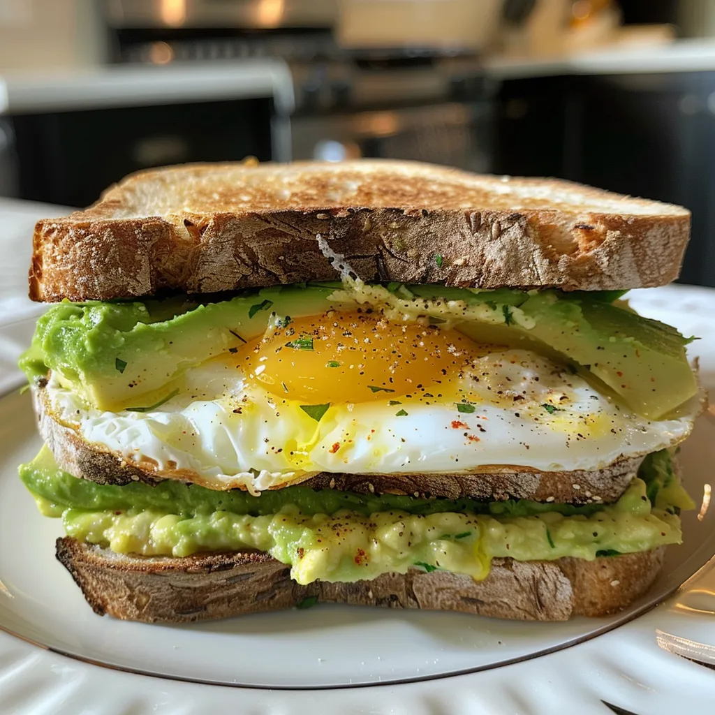 Side angle of a delicious breakfast sandwich featuring egg whites and mashed avocado.