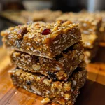 Close-up view of energy bars stacked on a wooden surface, showcasing a mix of nuts and dried fruits.