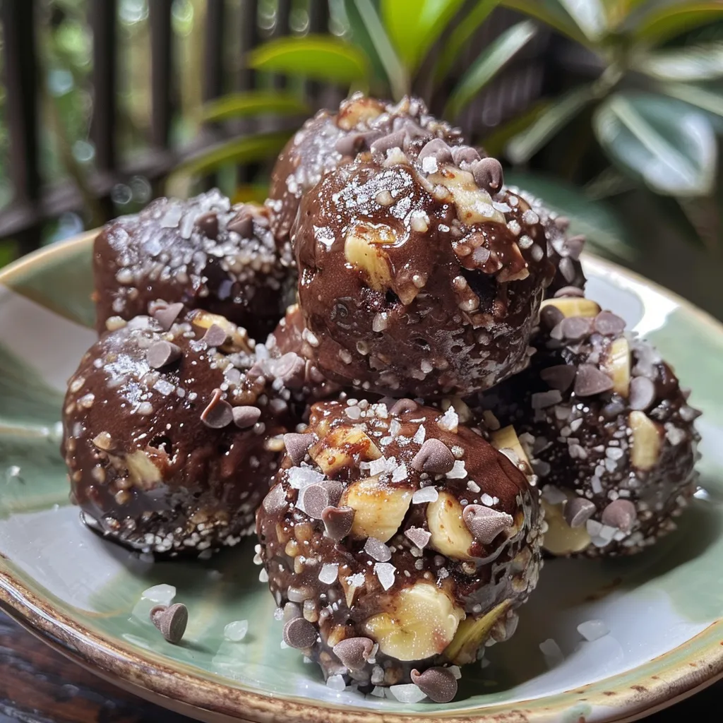 Side view of juicy frozen banana bites coated in melted chocolate.