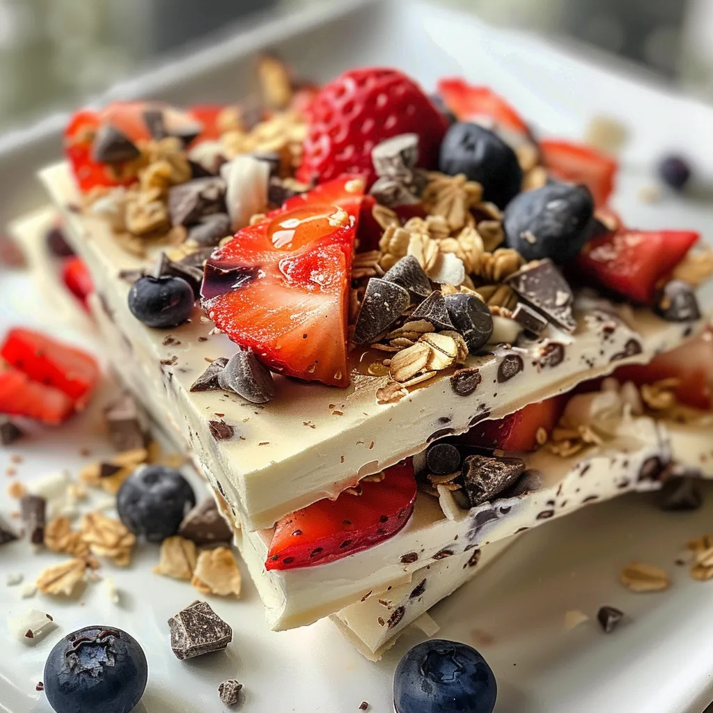 A side view of frozen yogurt bark adorned with strawberries, blueberries, and chocolate chips.