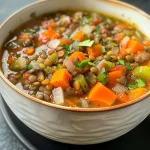 Close-up view of a steaming bowl of garden-inspired lentil vegetable soup with colorful vegetables.