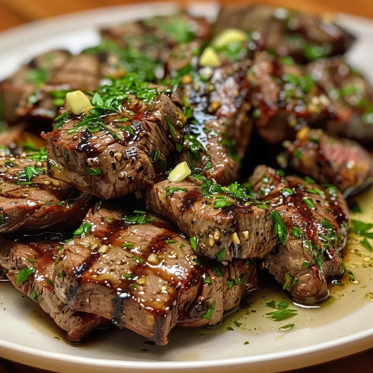 Close-up view of juicy garlic butter steak bites garnished with parsley.