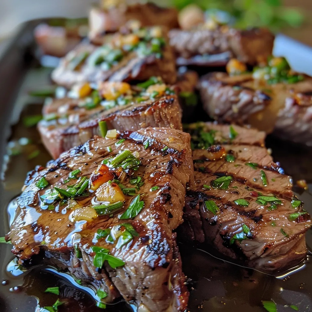 Side view of sizzling garlic butter steak bites on a plate, showcasing their shiny texture.