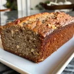 Close-up side view of a moist slice of gluten-free banana bread with a golden crust.