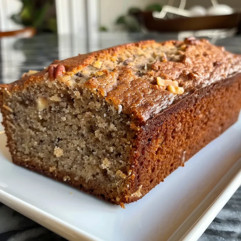 Close-up side view of a moist slice of gluten-free banana bread with a golden crust.