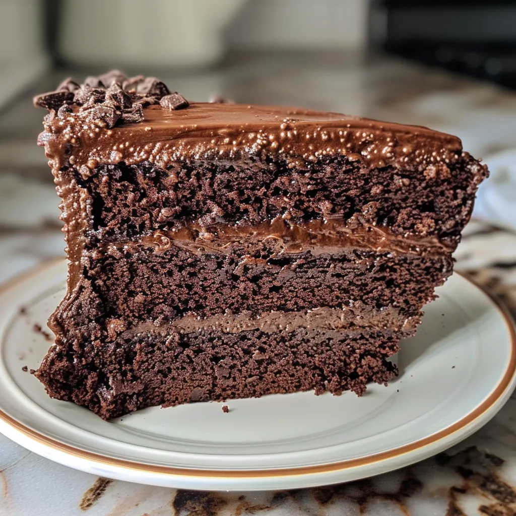 Side angle of a decadent gluten-free chocolate cake with a glossy chocolate frosting, revealing a soft interior.