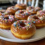 Close-up of freshly baked gluten-free donuts topped with colorful sprinkles.