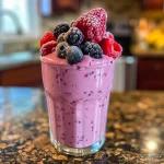 Close-up of a vibrant Greek yogurt berry smoothie in a glass, showcasing mixed berries on top.