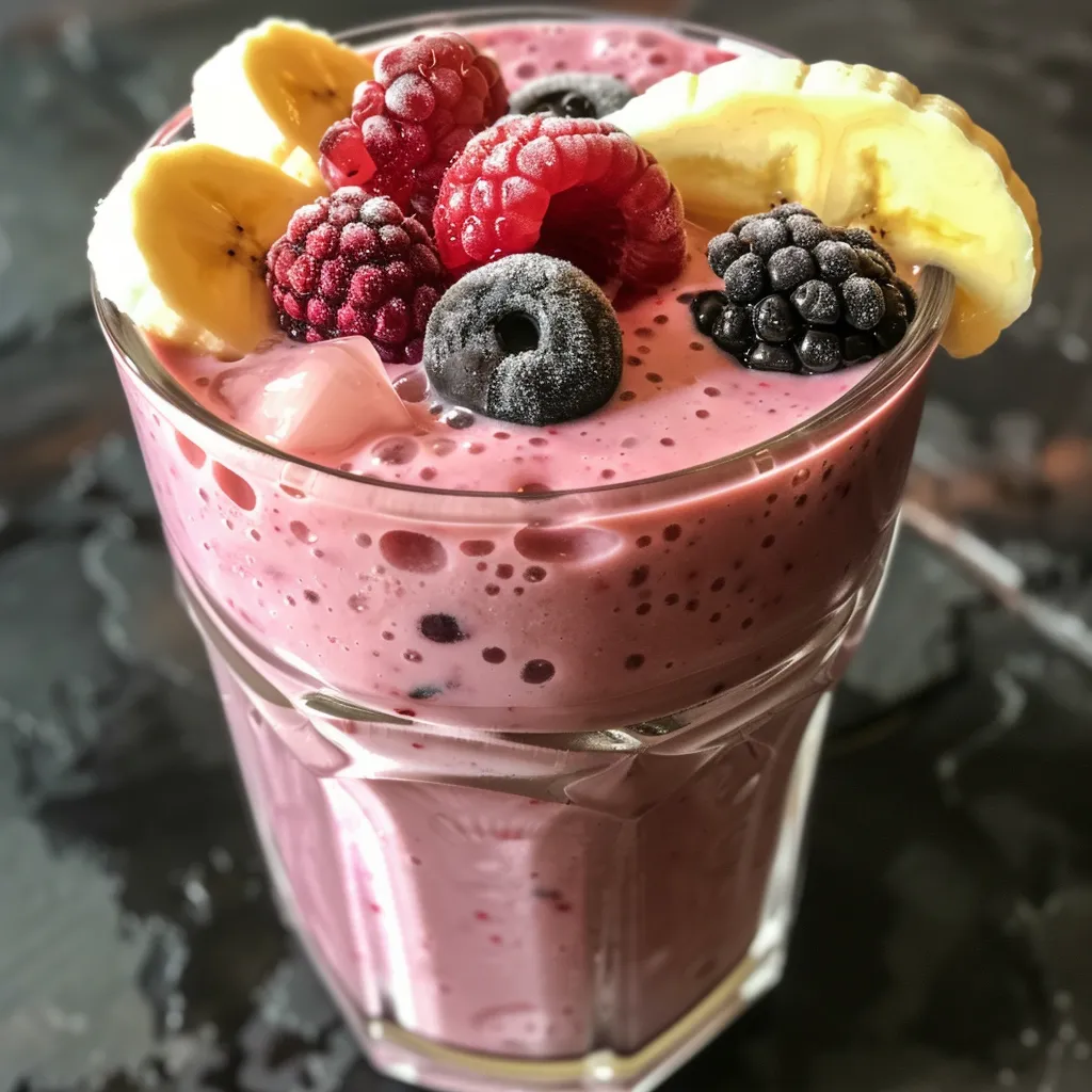 Side view of a creamy, colorful smoothie made with Greek yogurt and fresh berries in a clear glass.