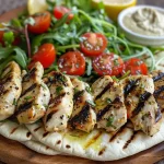 Close-up of grilled lemon chicken flatbread wraps filled with arugula and sliced tomatoes.