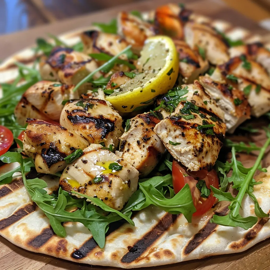Juicy grilled lemon chicken wraps on flatbreads, garnished with fresh greens and tomatoes.