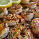 Close-up of grilled shrimp arranged on a plate with herbs and lemon.